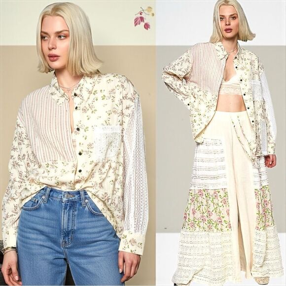 POL Oversized Shirt Lace Patchwork Floral Button-Up Long Sleeve Boho Large NEW - Picture 3 of 5